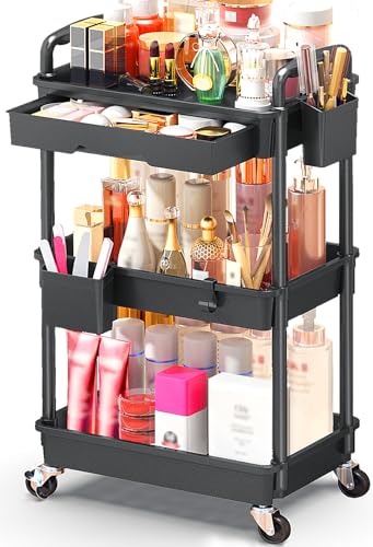 Image of SUNALLY Makeup Cart Organizer with Drawer,3 Tier Rolling Makeup Cart, Black