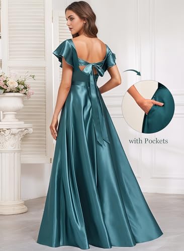 Short Sleeve Bridesmaid Dresses Satin V Neck Prom Dresses with Pockets A Line Ruffles Wedding Guest Dress with Slit UU1683