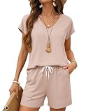 LOMON Short Sets Women 2 Piece Outfits 2026 Spring Casual Loungewear Set Cute Short Sleeve Sweatsuits Tracksuits Apricot L