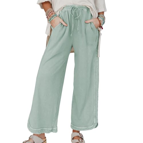 Hixiaohe Women's Casual Wide Leg Sweatpants High Waist Baggy Acid Wash Pants Drawstring Athletic Palazzo Pants with Pockets