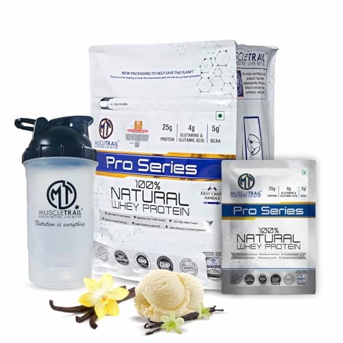 Image of MuscleTrail Pro Series Whey Protein, 50 Pouches, 25g Protein, Isolate Source, Low Carb, 4g Glutamine & Glutamic Acid, 5g BCAA (1.79kg, Vanilla)