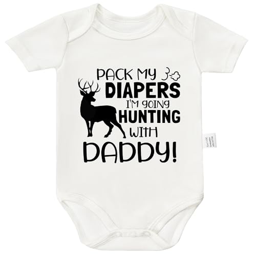Image of RETKCUL Pack My Diapers I'm Going HUNTING With Daddy Funny Bodysuit, Gender Neutral Baby Clothes for 0-24 Month Rompers