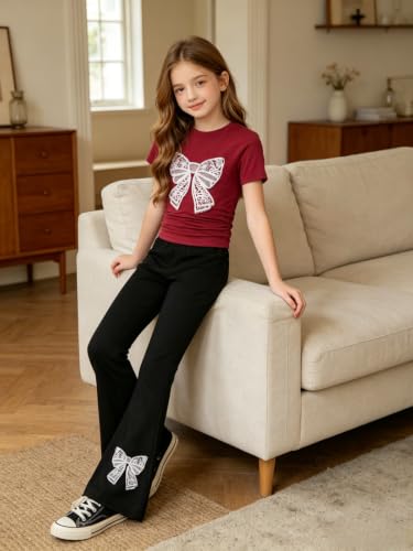 Image of Girls Clothes 2 Piece Short Sleeve Lace Bow Print Tops Flared Pants Set Little Girl Outfits Size 7-14