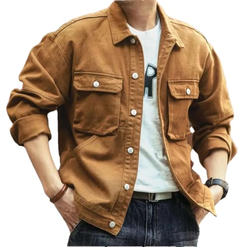 Chaqueta de mezclilla para hombre, estilo cargo, de gran tamaño, color marrón, para hombre, Chaqueta amarilla, L