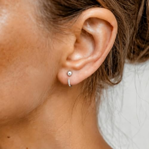 Handi Queen Sterling Silver Open Hoop Earrings, 7mm Small Beaded Cartilage Hoops for Women, Minimalist Tiny Style — view 4