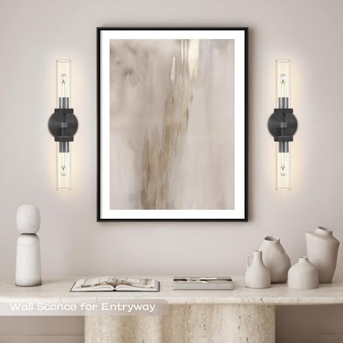 Image of Bathroom Wall Sconce Hardwired, Black Wall Sconces Set of 2, 20.5 inch Vanity Lights Over Mirror, Linear Wall Sconce Dimmable, Bathroom Light Fixtures Glass Tube, Bronze Wall Sconces Interior
