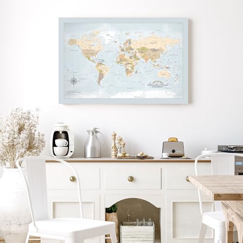 Image of IPIC - Blue Ocean World Map Pin Board Canvas Wall Art, Travel Map with Pins Included, Ready to Hang for Home or Office 24x16 Inch