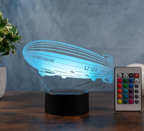 Optechvisual Hindenburg Lampe LED 3D – Zeppelin Deko Licht LZ 129 – Luftschiff Geschenkidee für Technikfans & Sammler – Farbwechsel mit Fernbedienung – Acrylglas Made in Germany – Zeppelinlampe