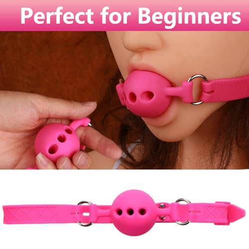 Image of Leather Restraints Ball Mouth Plug Silicone Bondage Ball Gag Hollowed-Breathable Silicone Sex Gag Muzzles Adjustable Strap Bondage Harness Restraints( (Pink-BO4)