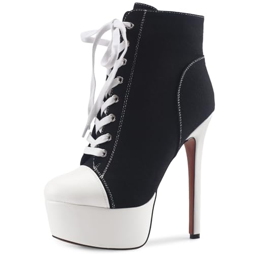 Women's Black Platform Ankle Boots Stiletto High Heel Short Boot Lace-Up Canvas Sneaker Booties Closed Round Toe Shoes with Side Zipper for Ladies Sexy Spring Fall Winter
