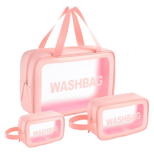Kit Necessaire Transparente 3 Peças – Organizador de Mala em PVC Impermeável | Washbag para Maquiagem, Cosméticos e Higiene | Grande Capacidade, Unissex, Compacto para Viagem e Academia (Rosa)