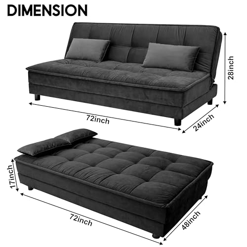 Image of Wooden 3 Seater Sofa Cum Bed | Soft Velvet Upholstery | Multi-Functional Convertible Couch for Living Room, Guest Room & Small Spaces - Black
