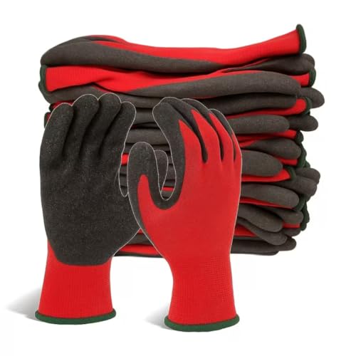 Image of Ruiyang 24 Pairs Heavy Duty Red Work Gloves – Latex Coated Crinkle Grip Safety Gloves, Non-Slip Rubber Gloves for Construction, Warehouse, Gardening & Builders (Red, Extra Large-10)