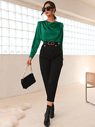 Soly Hux Women's Silk Satin Cowl Neck Shoulder Pads Long Sleeve Blouse Tops Green L #TOP4