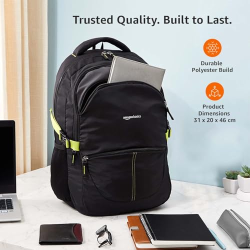 Image of Amazon Basics Casual 29L Backpack with Padded Laptop Sleeve | Backpack for Men & Women | Rain Cover Included | 3 Compartments | Travel Bag for Boys & Girls | (Black)