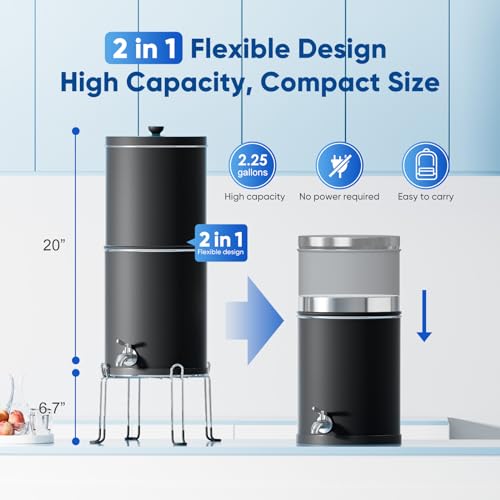 Image of Purewell 3-Stage 0.01μm Ultra-Filtration Gravity Water Filter System, NSF /ANSI 42&372 Certification, 304 Stainless Steel Countertop System with 2 Filters and Stand, Reduce 99% Chlorine, 2.25G, PW-OB