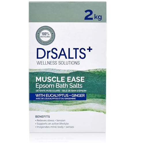 DrSALTS+ 2kg Muscle Ease Therapy Epsom Salts - Soothing Epsom Bath Salts to Relieve Strains, Pain and Stiffness with Eucalyptus and Ginger Essential Oils - Vegan and Cruelty-Free