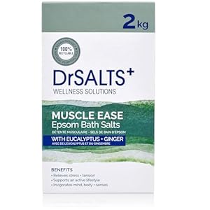 DrSALTS+ 2kg Muscle Ease Therapy Epsom Salts – Soothing Epsom Bath Salts to Relieve Strains, Pain and Stiffness with Eucalyptus and Ginger Essential Oils – Vegan and Cruelty-Free