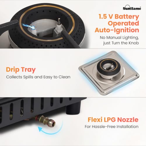 Image of Sunflame 4 Burner Built-In & Countertop Flexi Hob 86 cm Wide | 1 Large, 1 Medium, 2 Small Brass Burner | 5 Year Glasstop Warranty by Sunflame | Auto-Ignition | Ultra-Slim | Cast Iron Pan Support