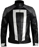 Men’s Black Leather Motorcycle Jacket – Dark Rider Inspired Shield Costume with White Stripes (Black, Faux, L)