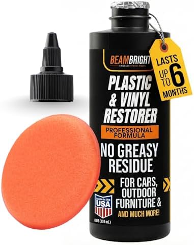 BEAM BRIGHT Plastic Restorer for Cars & Faded Household Items– Deep Shine for Faded Rubber, Vinyl, & Trim. Enhances Color, UV Resistant, Car Exterior & Interior, Bumpers & Trim Back to Black – 8 Oz