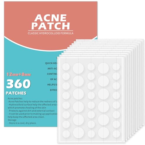 Rnitle Acne Patches[360 Pcs] Hydrocolloid Dressing Cover for Effective Calming and Relief of Acne Pimple Patches Spot Treatment Pimple Stickers Facial Care(12mm&8mm)