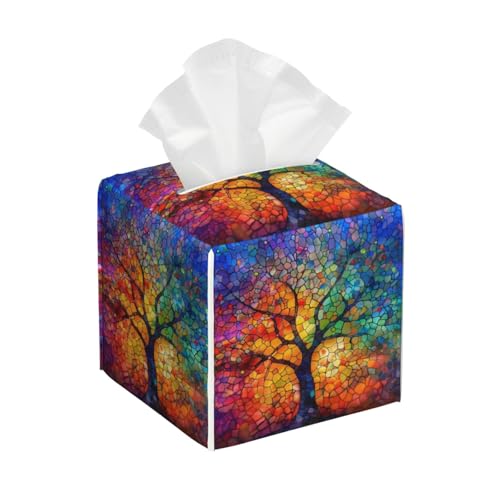 Image of NAITIZ Square Leather Napkin Box Cover, stained glass tree of life rainbow colors Patterned - Decorative Tissue Dispenser for Bathroom, Bedroom, Car Interior, and Office Space