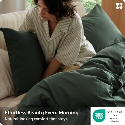 Image of Bedsure 100% Washed Cotton Duvet Cover King Size - Forest Green Minimalist Bedding Set Linen Like - PureWoven Plain Simple & Soft Comforter Cover for All Seasons (Forest Green, King, 104 inchx90 inch)