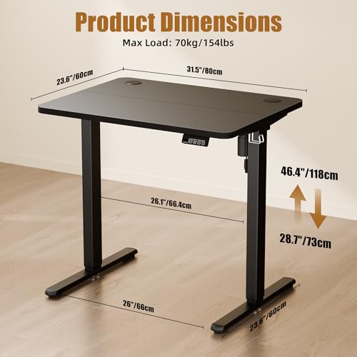 Image of ERGOMAKER Electric Standing Desk 80x60cm (31 inchx23.6 inch), Height Adjustable Sit Stand Desk with Splice Board for Home Office, Computer Desk Memory Preset (Black Frame + Black Desktop)