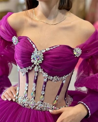 Puffy Quinceanera Dresses with Train Sparkly Diamonds Sweet 15 16 Dresses Ball Gown with Sleeves YU0014