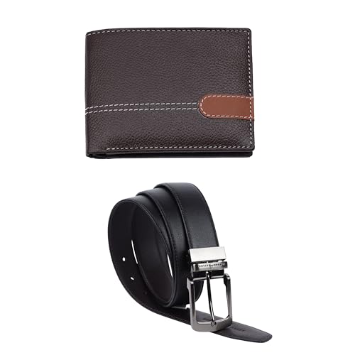 Image of LONDON ALLEY Swiss Classic Brown Leather Wallet & Black /Brown Reversible Belt Combo Gift Box for Men