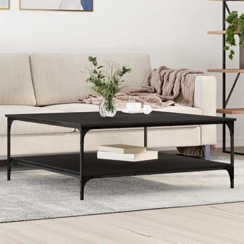 QZZCED Table basse industrielle avec étagère en bois et pieds en fer noir mat, meuble de salon avec rangement et...