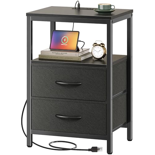 Huuger Nightstand with Charging Station, Side Table with 2 Fabric Drawers, End Table with Open Shelf, Bedside Table with USB-C Port and Outlets, Night Stand for Bedroom, Black