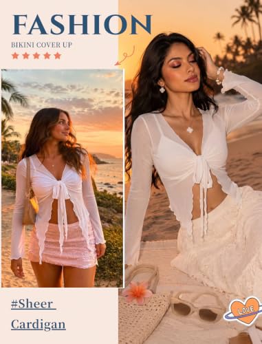 Image of Avidlove Women Mesh Crop Top Y2K Tie Front Tops Rave Top Sheer Cardigan Sexy V Neck Outfits S-2XL