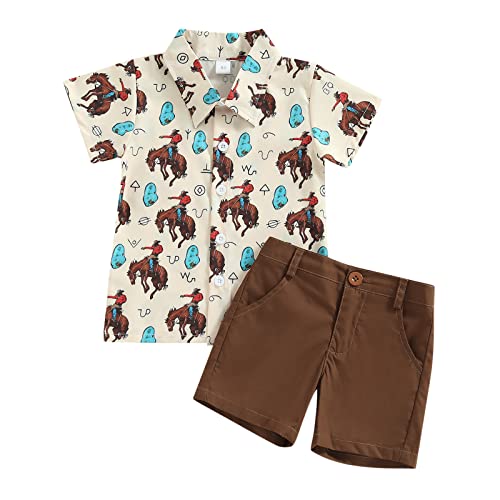 fhutpw Baby Toddler Boy Outfits 2T 3T 4T 5T Clothes Summer Kids Pattern Short Sleeve Button Down Shirt & Shorts Set