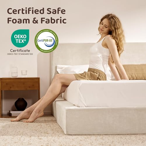 Image of RECCI AirFrame Queen Bed Frame with Headboard, Cloud Upholstered Platform Bed Frame, 5 Inch Foam Cushioned, No Box Spring, Easy Assembly(Beige Chenille)