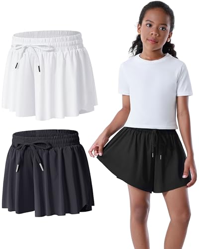 Girl's Athletic Shorts High Waist Flowy Butterfly Skirt with Pockets Liner 2 in 1 for Fitness, Running Sports
