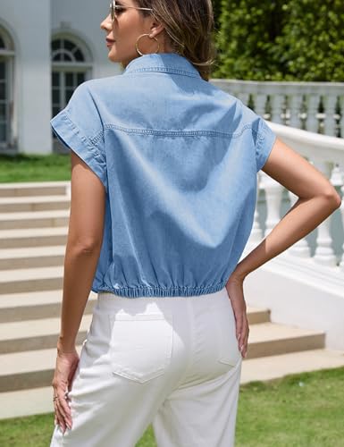 Women's Denim Shirt Casual Short Sleeve Button Down Chambray Blouse Summer Cropped Jean Shirt Tops3
