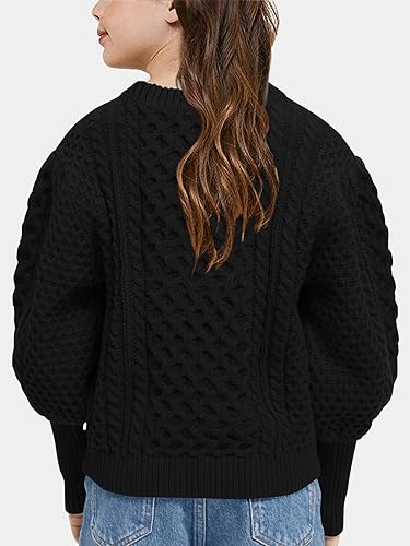 Image of rrhss Girls Cable Knit Sweaters Kids Fall Fashion Puff Sleeve Ribbed Cuffs Crewneck Clothes 5-14 Years