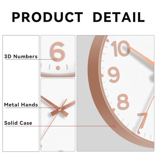 Image of Roymnie Wall Clock 12 Inch Silent Wall Clocks Battery Operated- Modern Non Ticking Analog Clock Decorative for Living Room Bedroom Office Kitchen(White Rose Gold)