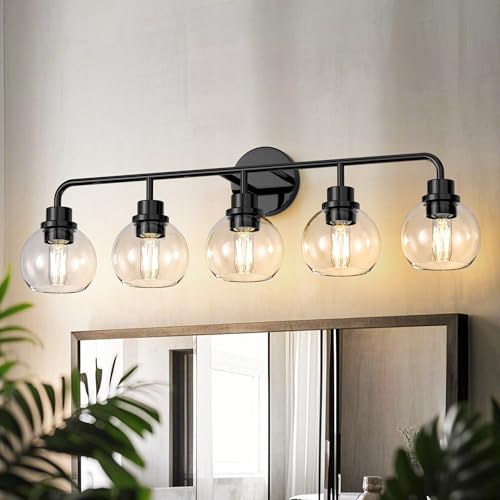 Image of DORESshop Bathroom Light Fixtures, 5-Light Black Vanity Lights Over Mirror, Wall Lamp Clear Glass for Living Room Decor Bedroom Porch Cabinet