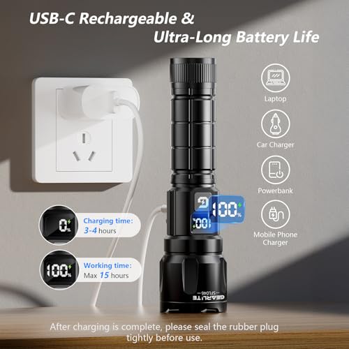 GEARLITE Taschenlampe LED Aufladbar 2Stück, 3 Lichtmodi 6000LM Superhelle Zoombares Taschenlampen mit LCD Batterie Display, IP65 Wasserdichte & XHP70.2 Taktische Handlampe für Camping Wandern, Notfäll