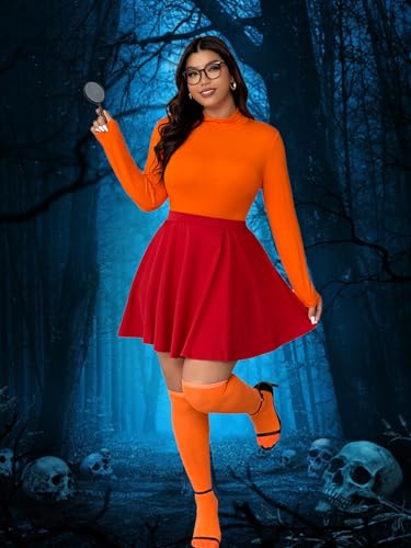 Image of 5Pcs Womens Costume Orange Long Sleeve Crop Top,Red Short Skirt,Stockings,Magnifier,Glasses Frames for Halloween