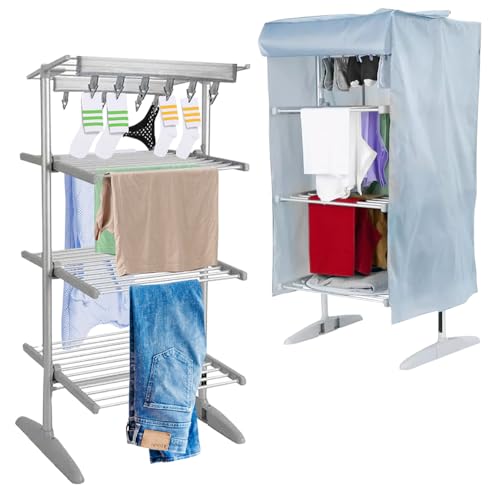 4 Tier Digital Electric Heated Clothes Airer - With Cover | Drying Laundry Rack | Size 147cm, 300w | Extendable Foldable Indoor Heated Dryer | For Winter & Cold Weather | Adjustable Timer Settings