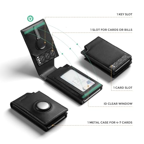 VULKIT Pop-Up Card Holder Wallet for Men with AirTag Holder, RFID Blocking Smart Wallet, Men's Card Holder Metal Wallet with ID Windows, Key Slot, Bill Slot, Metal Card Case, Black3