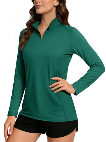 Tacvasen Women'S Golf Shirts Emerald Green Shirts 1/4 Zip Pullover Upf 50+ Long Sleeve Workout Tops, L