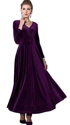 Urban CoCo Women Long Sleeve V-Neck Velvet Stretchy Long Dress (X-Large, Purple)