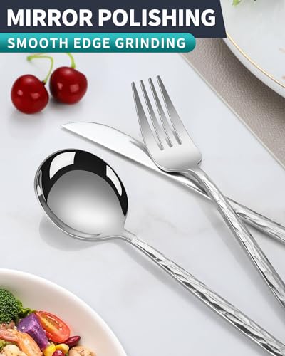 Hammered-Silverware-Set30-Piece-Stainless-Steel-Flatware-Set-for-6Modern-Cutlery-SetIncludes-Spoon-Fork-Knives-SetHome-Kitchen-and-RestaurantDishwasher-Safe-Silver Hammered Silverware Set30 Piece Stainless Steel Flatware Set for 6Modern Cutlery SetIncludes Spoon Fork Knives SetHome Kitchen and RestaurantDishwasher Safe Silver