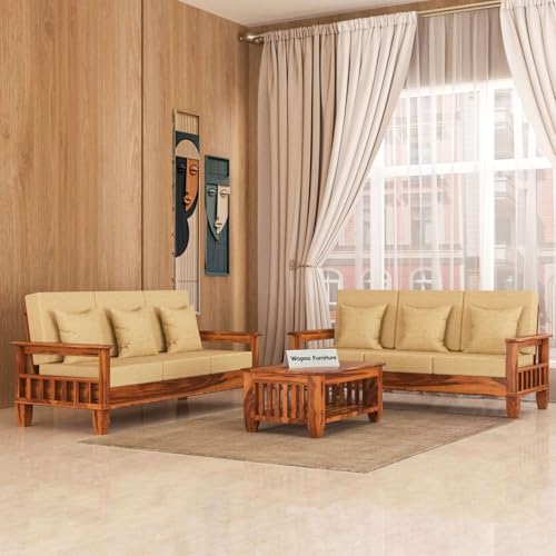 Image of Sheesham Wooden 6 Seater Sofa Set for Living Room | Rosewood Cushion Sofa with Side Newspaper Holder for Home & Office | Solid Wood Sofa Set for Lounge (Honey, 3+3 Seater)