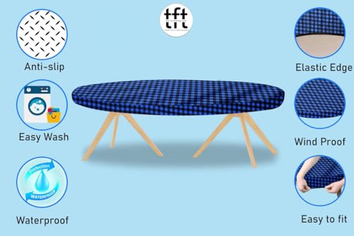 Image of The Furnishing Tree Elastic Oval Dining Table Cover WxL 42x72 in Inches Polyester Checkered Pattern Blue